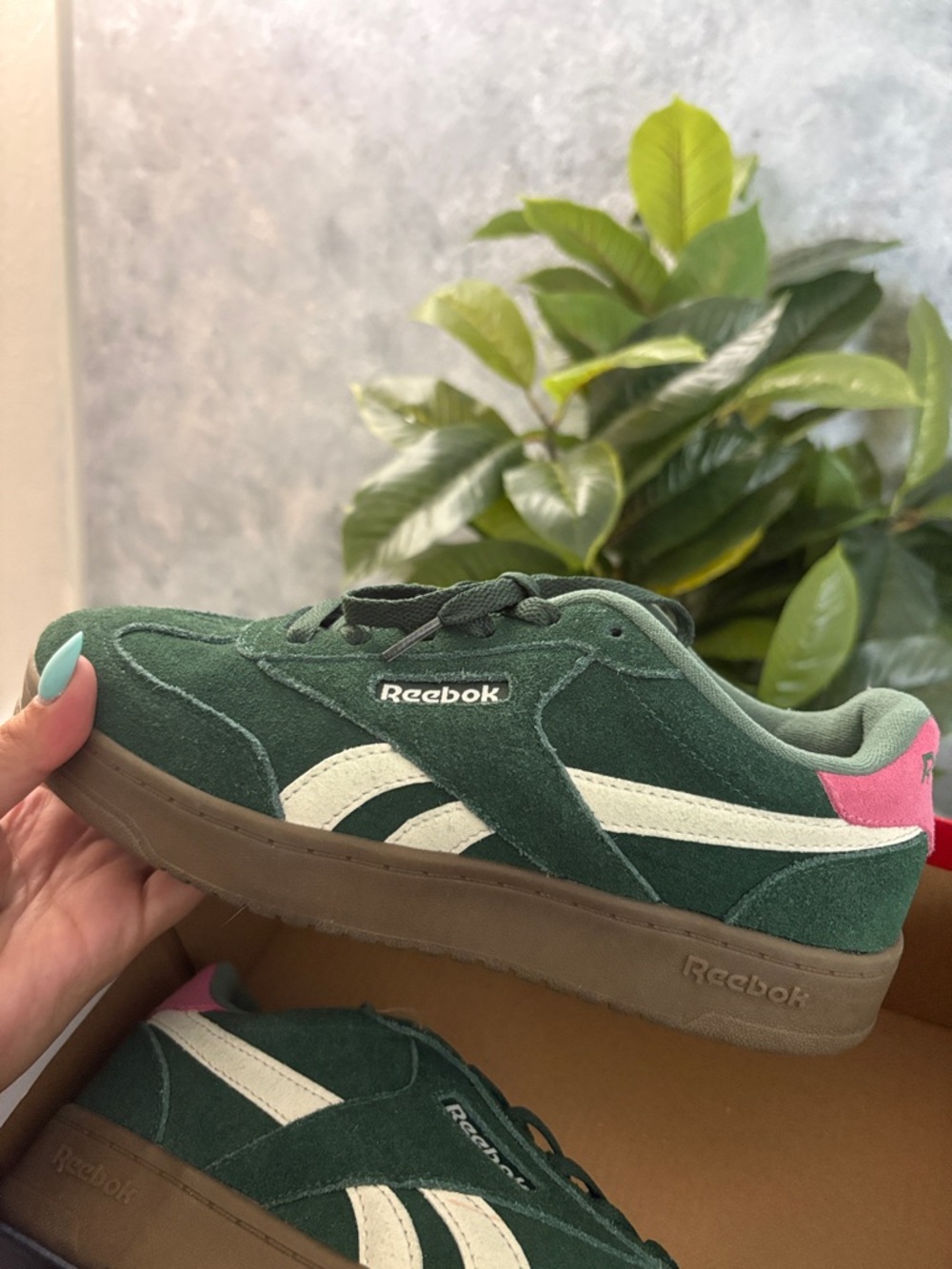 Reebok Dark Green Suede Sneakers with Pink Heel Tab